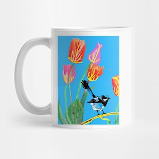 Abstract Blue Wren and Tulips Painting - on Blue Mug